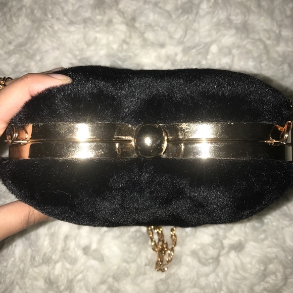 Black Fuzzy Handbag with Gold Details! NWT! - Picture 3 of 6